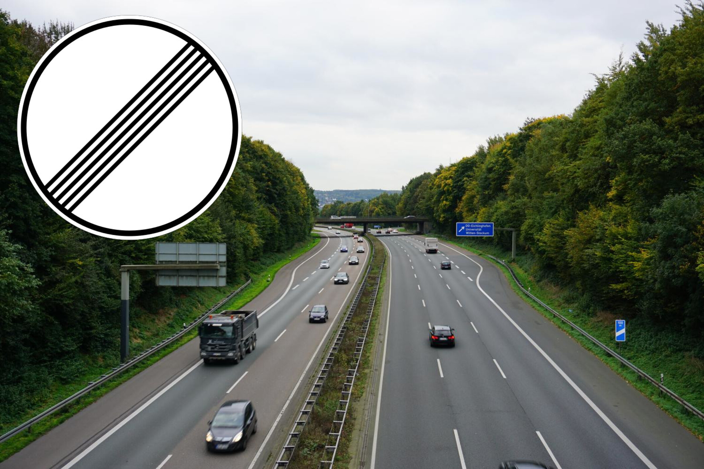 The autobahn A45 in Dortmund-Oespel and the road sign for “all restrictions lifted”.